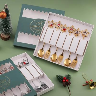 A Set High Quality Stainless Steel Christmas Party Spoon Creative Gold Silver Tableware Exquisite Dessert Fork Gift Giving