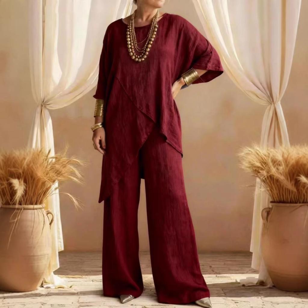 2026 summer European and American cross-border Amazon two-piece women's clothing cotton and linen sleeves loose casual irregular hem set