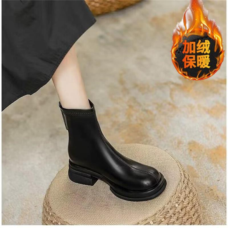Soft leather heightened thick-soled Martin boots, thin two cotton short boots, thick heel elastic thin boots in autumn and winter