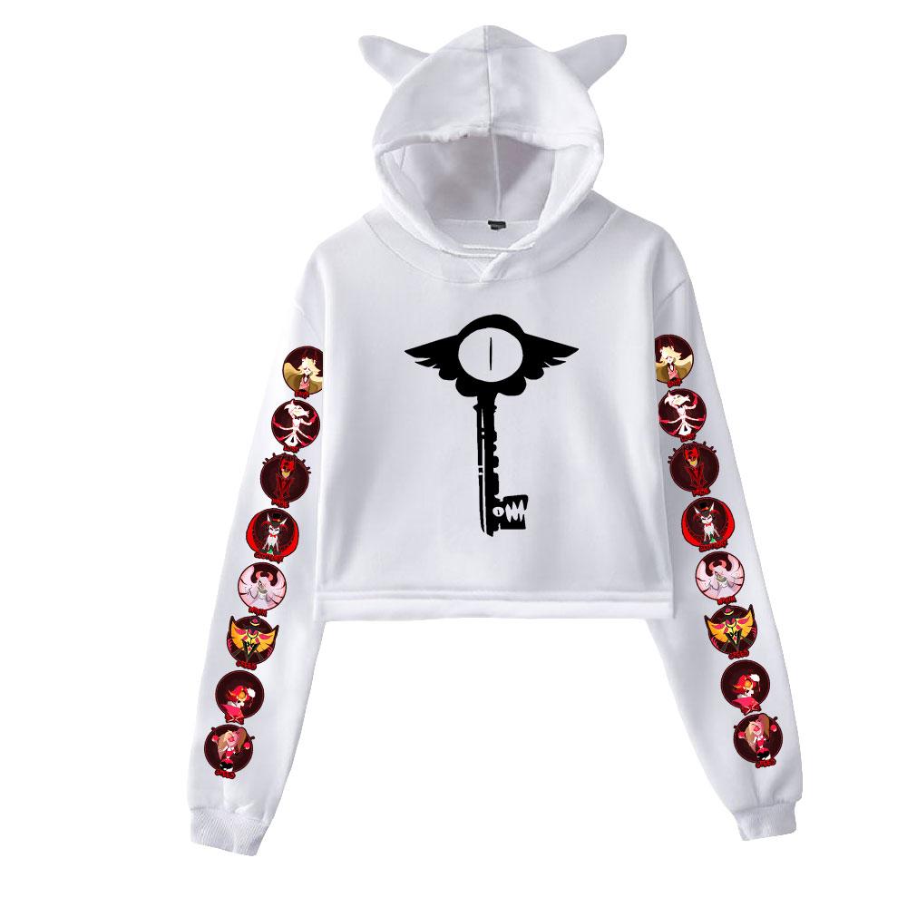 Women Long Sleeve Hoodies Casual Pullovers Cat Ears Hoodie Hazbin Hotel Print Crop Top Black Sweatshirts Female Clothes