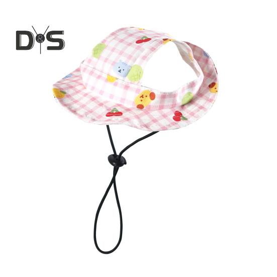 

Панама для собак с отверстиями для ушей, клетчатый дизайн, круглые поля, уличное солнце, защита от ультрафиолета, рыболовная кепка с регулируемым ремешком для маленьких и средних собак и кошек M розовый