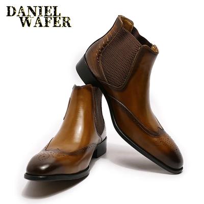 Fashion Luxury Brand Men's Chelsea Causal Boots High Quality Genuine Leather Slip On Buckle Strap Black Brown Wedding Formal Ankle Boots