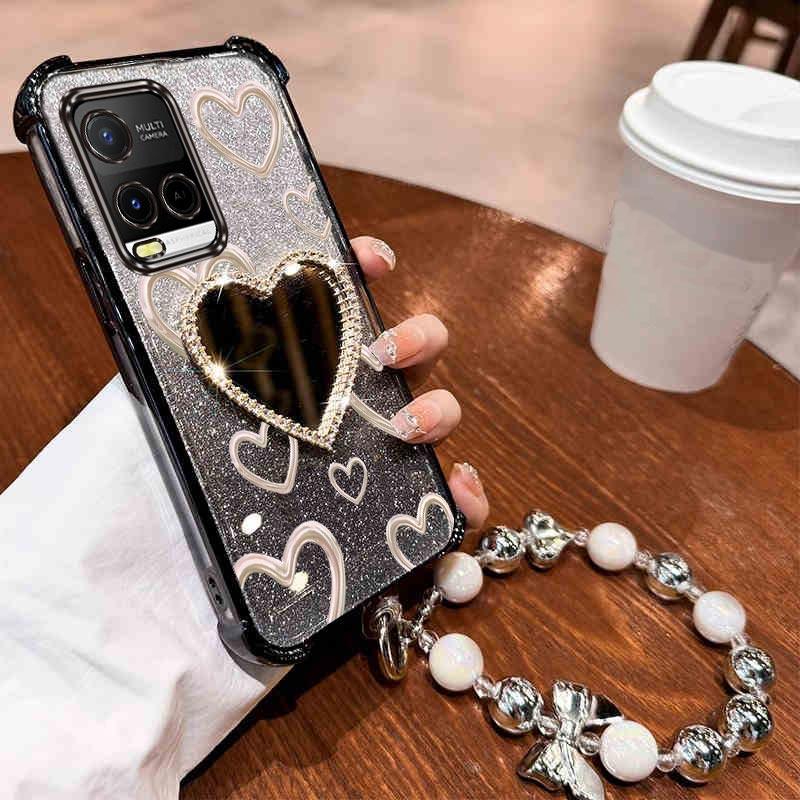 Airbag Wrist Strap Glitter Love Heart Mirror Phone Case For Vivo Y21 Y21S Y21T Y22 Y22T Y27 Y27S Y33S 2021 2022 2023 4G 5G Cover