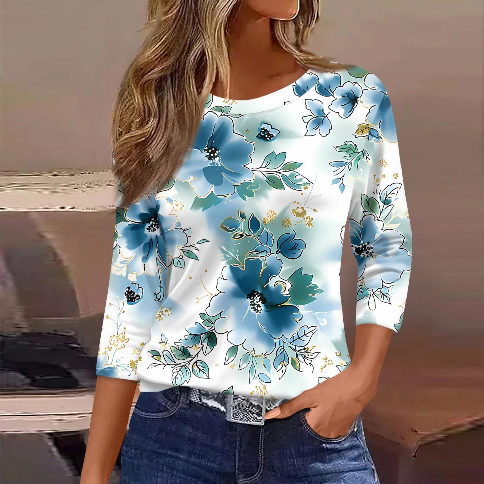 

Женская футболка с принтом, рукав 3/4, повседневная, модная, на выходные, базовая, с круглым вырезом, стандартный топ XL небесно-голубой