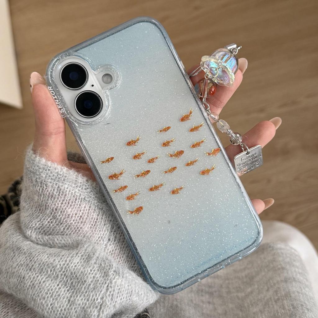 Korean Style Gold Foil Goldfish Phone Case for iPhone 14/15/16/17 Pro Max