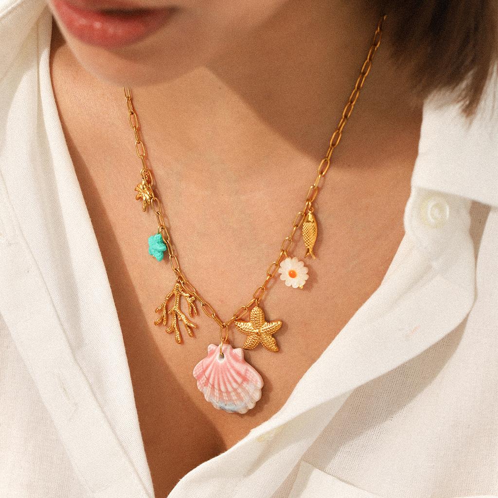Seashell Stainless Steel Starfish Marine Life Pendant Dopamine Necklace Light Luxury Niche Titanium Steel Necklace