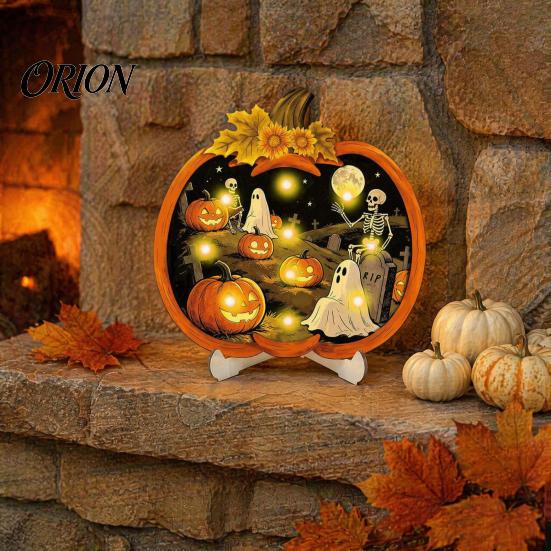 Dark Academia Room Decor Halloween Wooden Pumpkin Sign, LED Light Up Ghost Hanging Gothic Home Accessories Wall Sign for Indoor Outdoor Holiday Party