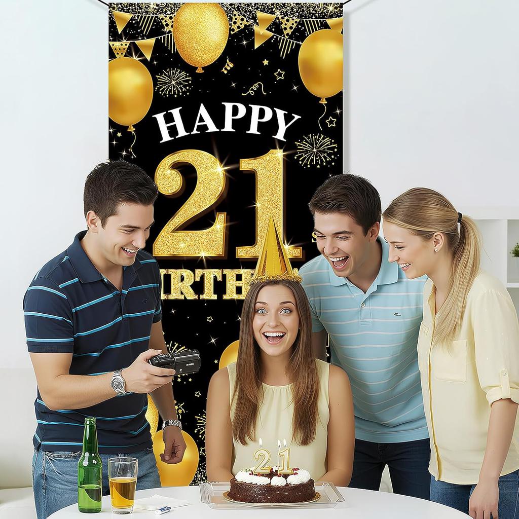 Happy 21st Birthday Decorations for Her Him, Black Gold 21 Birthday Banner Backdrop, Fabric Door Decor Yard Sign Photo Booth Props for Men and Women,