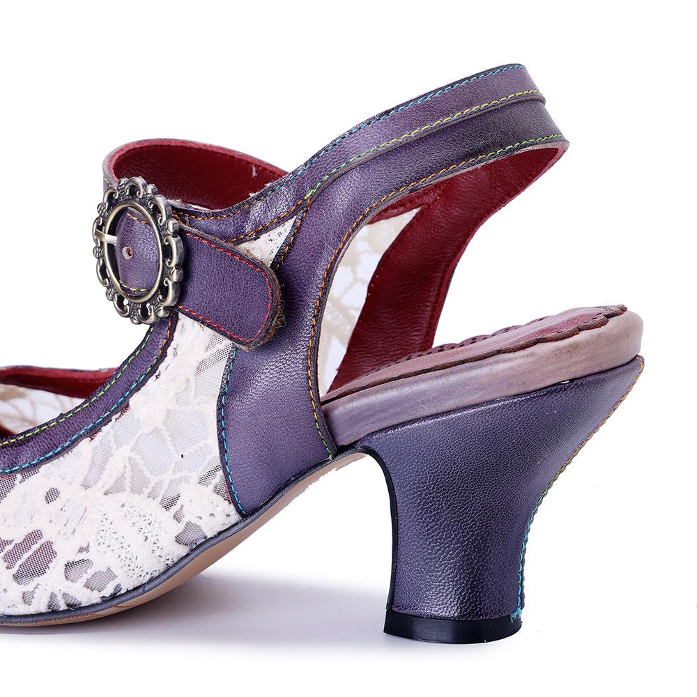 Johnature Women's Shoes Genuine Leather Retro Splicing Lace Comfortable Middle Heel Sandals