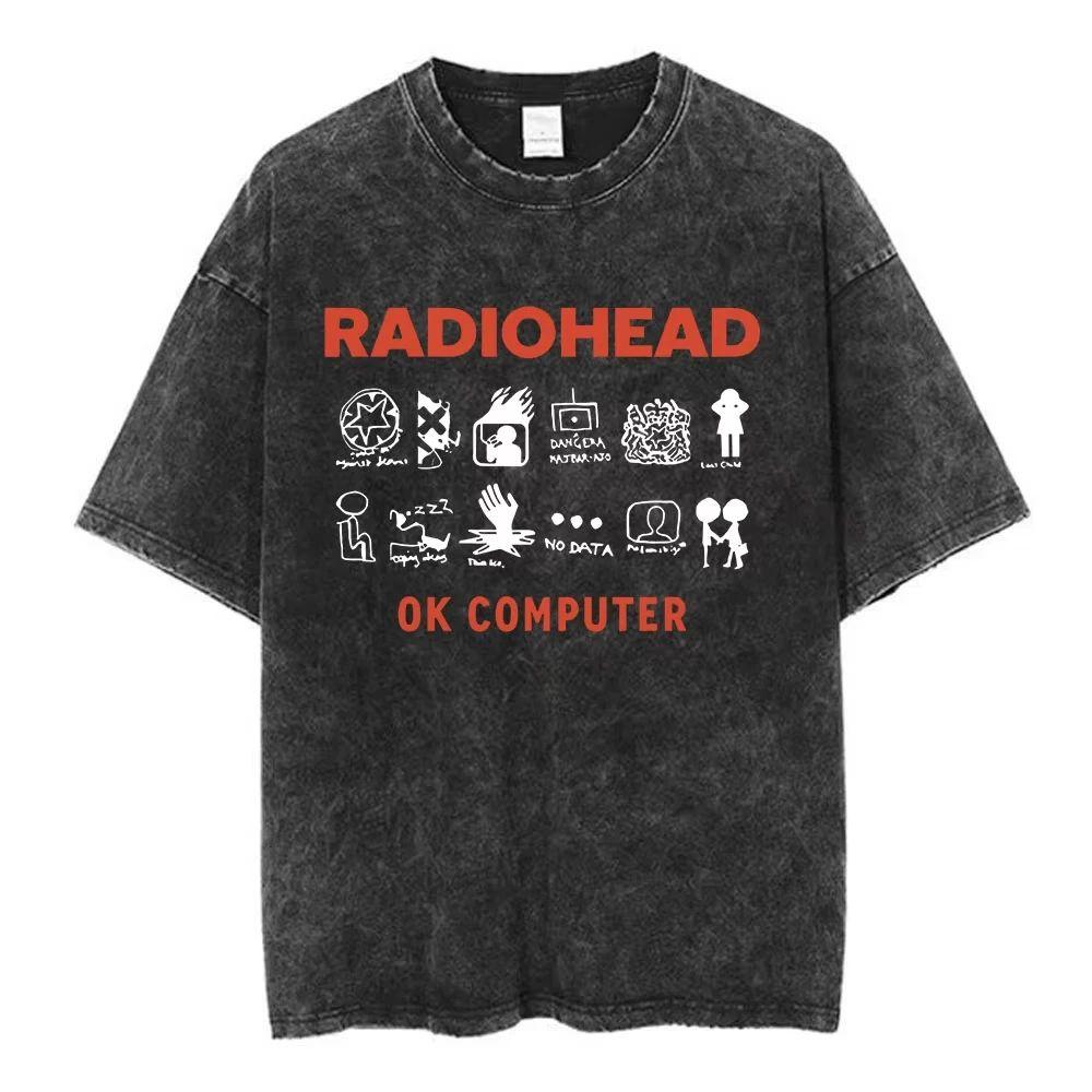Harajuku Vintage Hip Hop Clothing Radiohead Rock Band OK Computer Vintage Washed Tshirts Cotton Casual Tshirts Streetwear S разноцветный