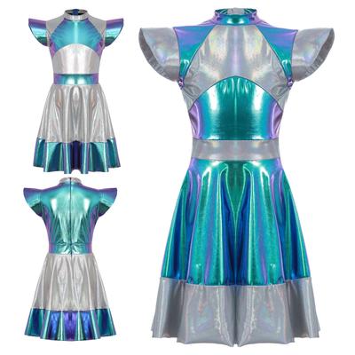 Detský dievčenský lesklý metalický kostým roztomilého mimozemšťana z vesmíru Halloweenový mimozemský maškarný cosplay kostým šaty s krátkym rukávom oblečenie na hranie rolí