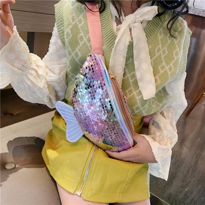 Fashion Girls Sequin Fish Tail Shape Waist Bag Cute Children Shoulder Bags Phone Handbags Purse Chest Bag