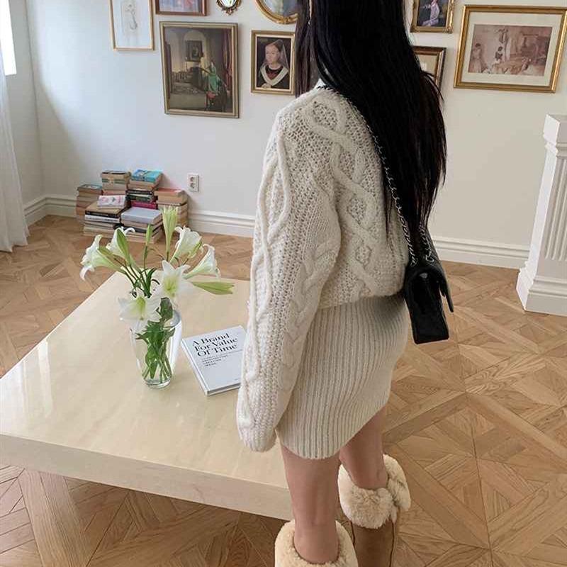 Herbst Winter Twist Elegant Damen Strickpullover Kleid Retro Lässig Locker Langarm Rundhals Pullover Kurze Kleider Büro Neue Slim Fit Kleidung