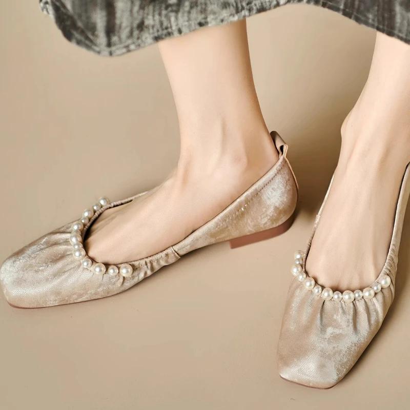 Women's Single Shoes Summer New Low Heel Square Head Beaded Dance Shoes Casual Fashion Light Soft Soled Oxford Shoes