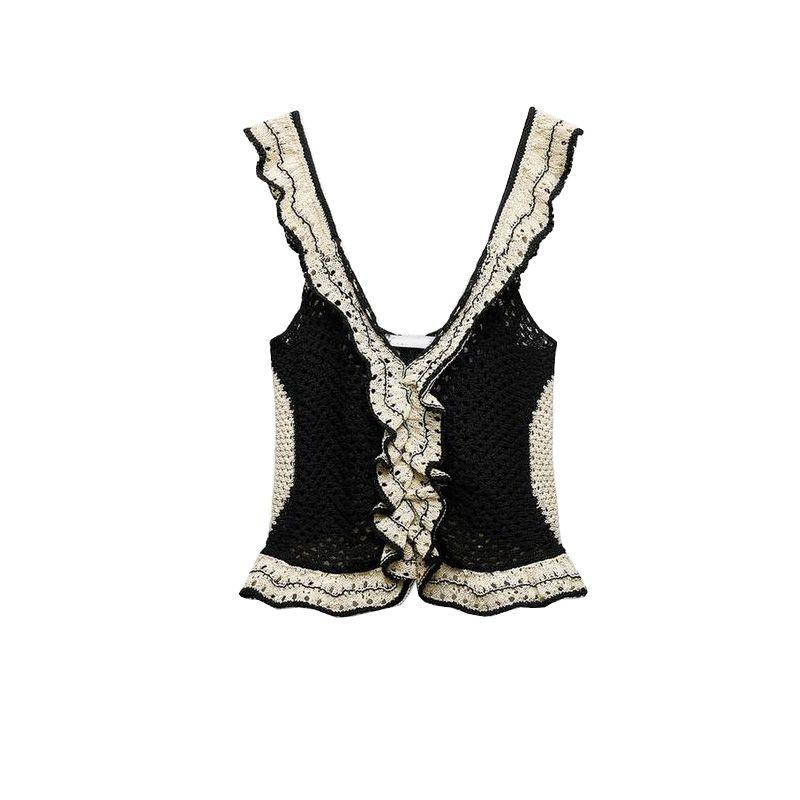 Spring New Cut Out Vest Camisole Laminated Jacquard Sleeveless Black and White French Knitting Tops 3991103
