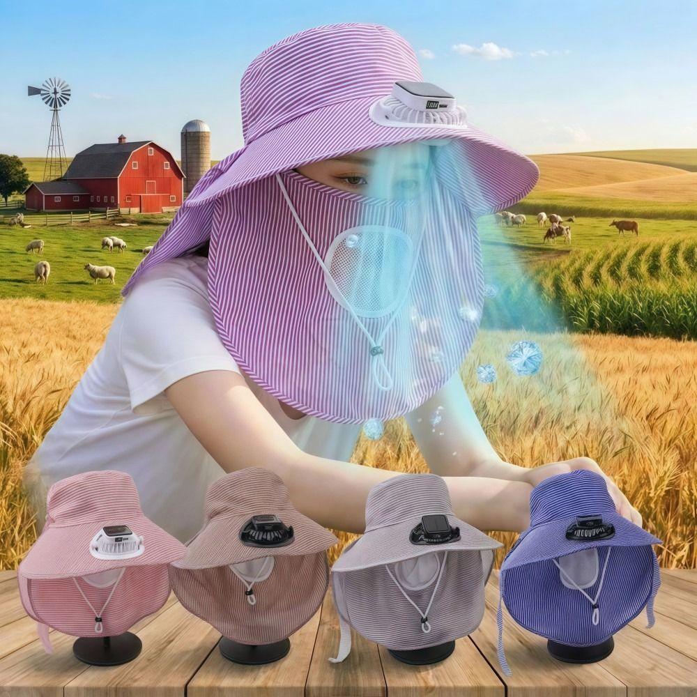 Durable Solar Fan Face Mask Sun Hat 300Ma Wide Brim Fisherman'S Hat Full Wrap Breathable Tea Picking Work Hat Summer Unisex