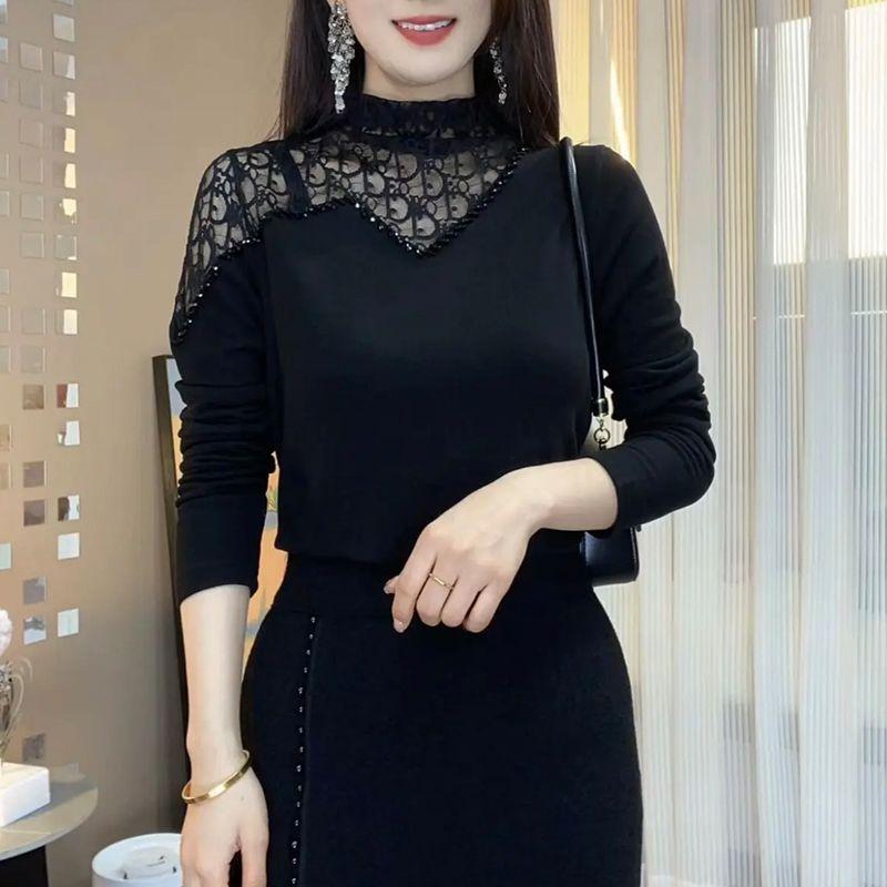 Dámské základní tričko s nepravidelným polovyvýšeným límcem, s výřezem, horkým ražením, s kamínky, podzimní a zimní, temperamentní, silný oboustranný sametový top