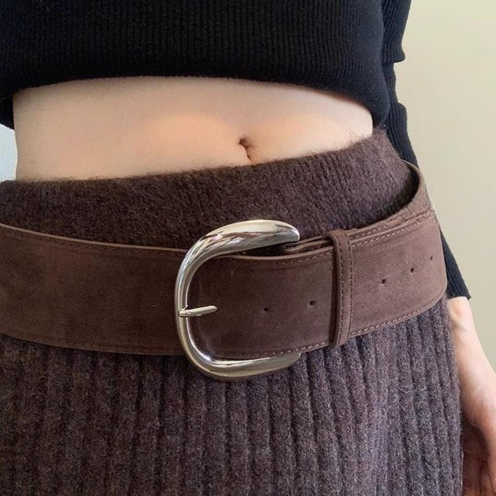Suede Leather Waistband Metal Buckle Western Cowboy Belt Women Wide Belt Pants Accessories