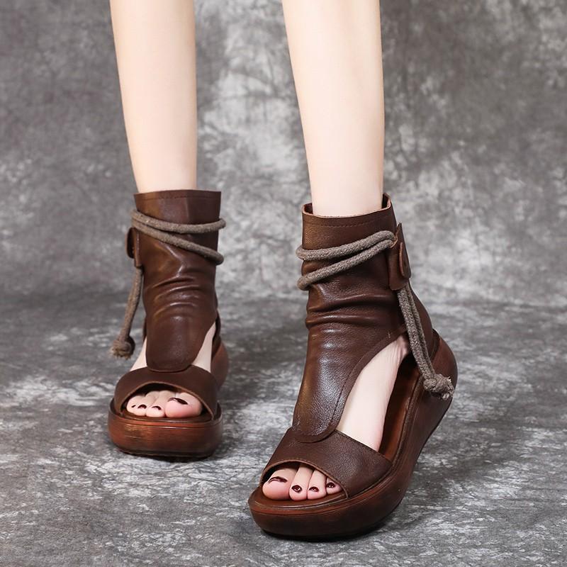 Fashion Retro Women Sandals Fashion Leather Women Boots Breathable Platform Shoes designer Mid Heels Women Wedges Shoes Sandalias Mujer