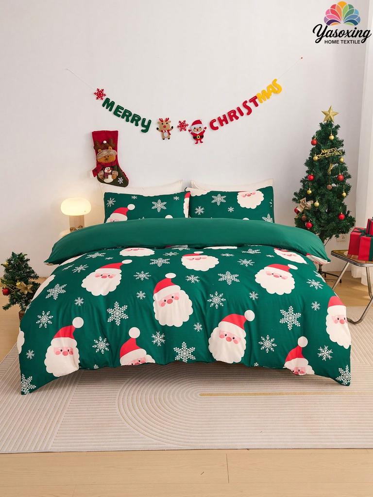 2/3pcs Pink Christmas Snowflake Gift Gingerbread Man Snowman Pattern Reversible Color Duvet Cover Bedding Set, Soft Breatheable