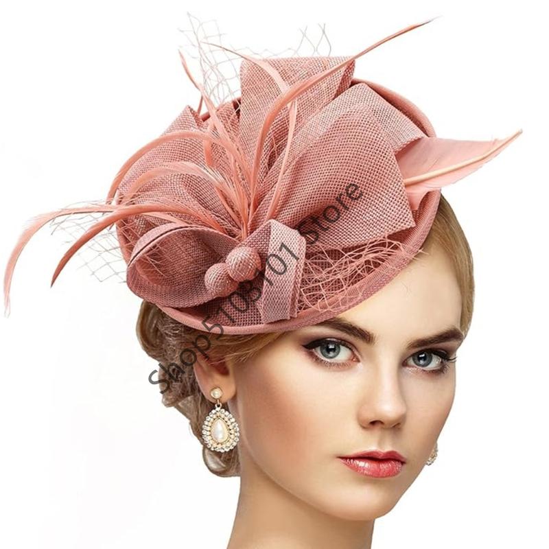 Vintage Exquisite Feathers Fascinator Hat Bowknot Elegant Tea Party Mesh Hair Band Sweet Hair Hoop Bride Headdress Dance Show