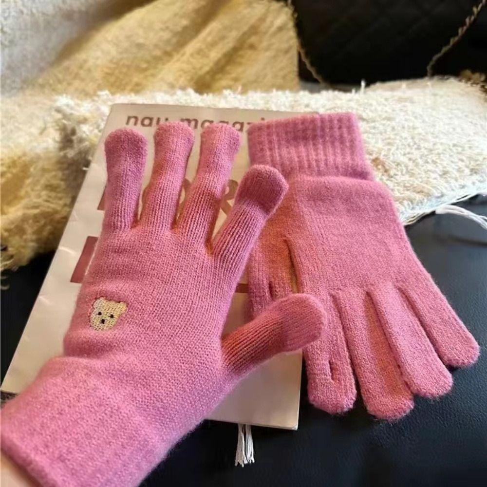 Solid Color Touch Screen Gloves Bear Cycling Gloves Cute Winter Knitted Gloves  Women