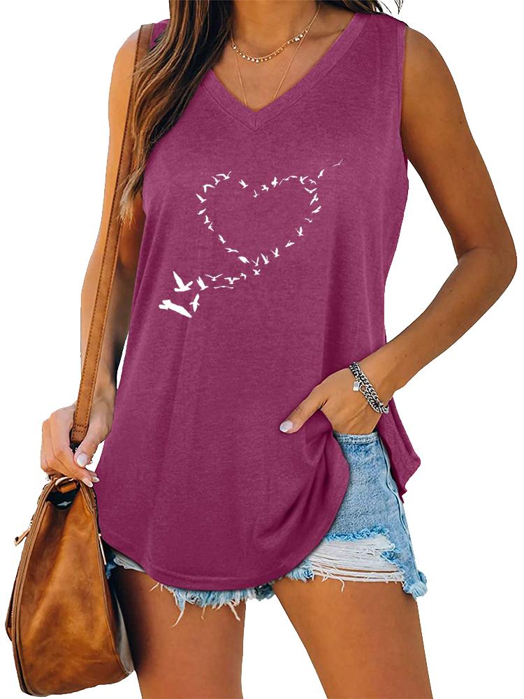 Women Fashion V Neck Printed Sleeveless Top Summer Casual Pullover Loose Tank Top
