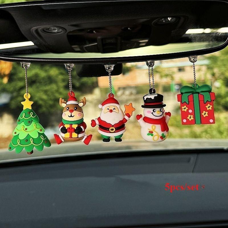 5pcs/set Car Interior Decorative Rearview Mirror Hanging Ornament Cute Deer Christmas Tree Gift Santa Creative Pendant