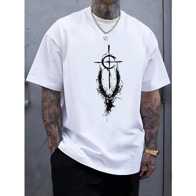 Europäische Größe Flügel Grafikdruck Herren Rundhals Kurzarm T-Shirts, Sommer Trend T-Shirt, Lässiges Bequemes Oberteil für Outdoor-Sport & Freizeiturlaub