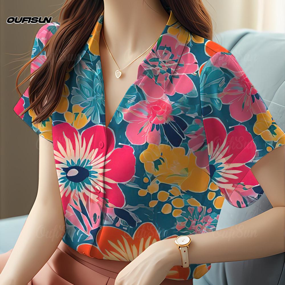 Women's V Neck Chiffon Floral Blouses Women Chubby Office Casual Ladies Shirt Graduation Outfit For Women Blouse