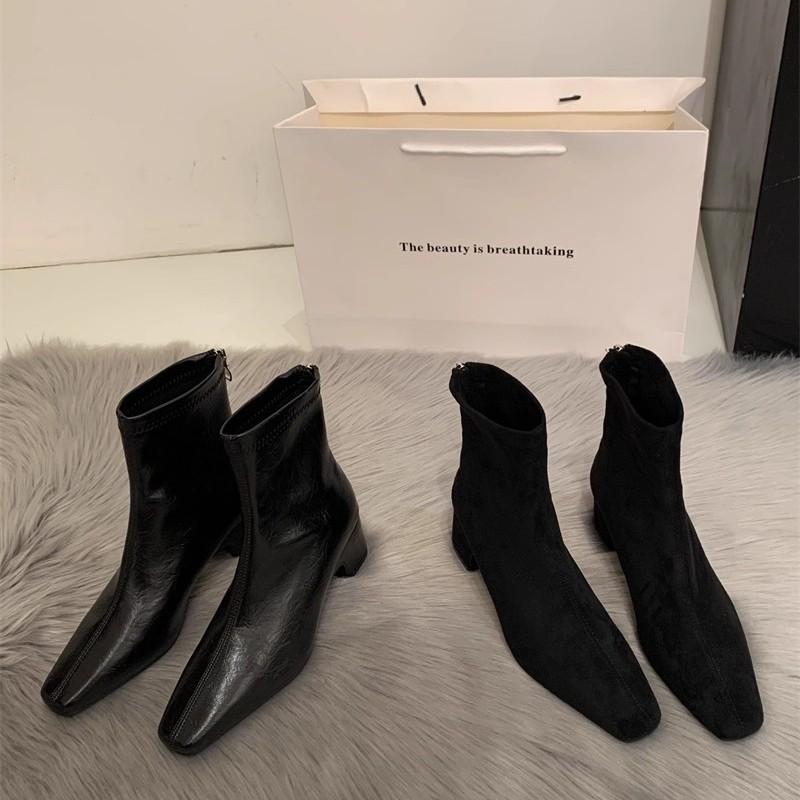 Kurzstiefel mit eckiger Spitze für Damen, dicker Absatz, Herbst und Winter 2025, neue vielseitige französische dünne Stiefel, Reißverschluss hinten, hoher Absatz, elastische Stiefel
