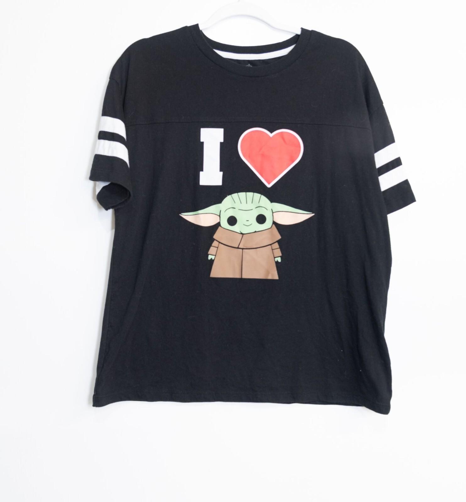 I Heart Baby Yoda Graphic T-Shirt Black With White Stripes Unisex Short Sleeve L L