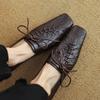 Skinny Retro Leather Shoes for Women's Spring New Style Square Toe Soft Sole Lace Up Single Shoe, Low Heel Casual Single Shoe