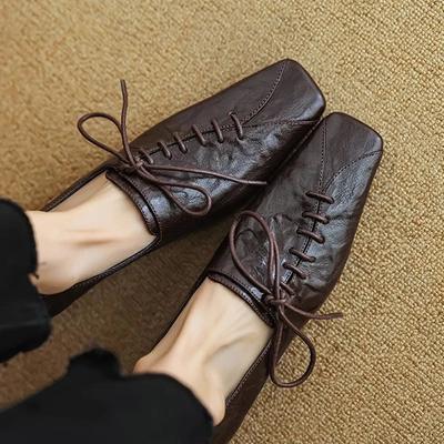 Fashion Skinny Retro Leather Shoes for Women's Spring New Style Square Toe Soft Sole Lace Up Single Shoe, Low Heel Casual Single Shoe
