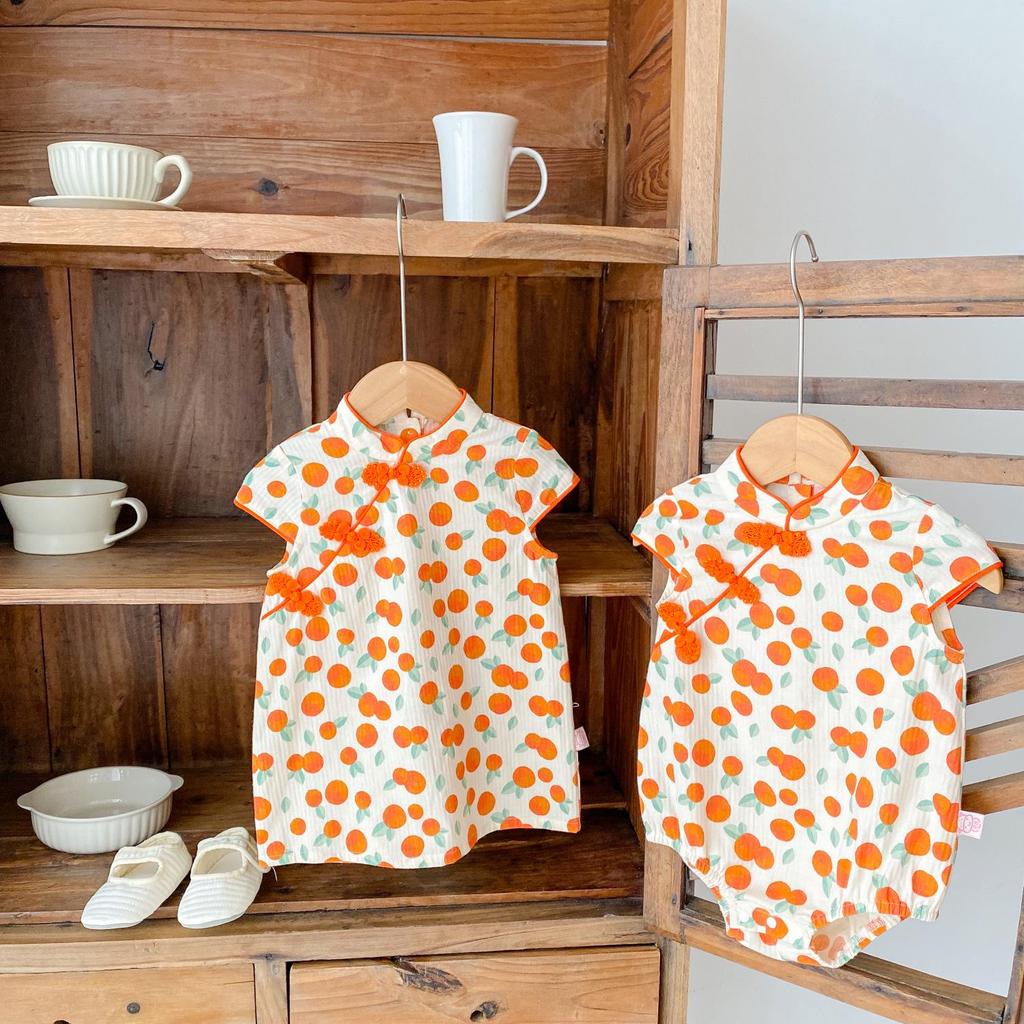 Sommer Mädchen Schwesternoutfits: Baby Strampler & Fruchtsalat Cheongsam Set