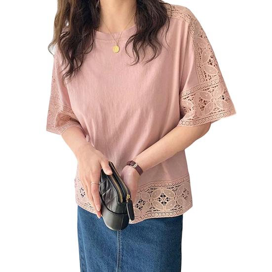 Women Casual T-shirt Round Neck Hollow Lace Stitching Half Sleeve Pullover Tops Solid Color Loose Fit Summer Tops