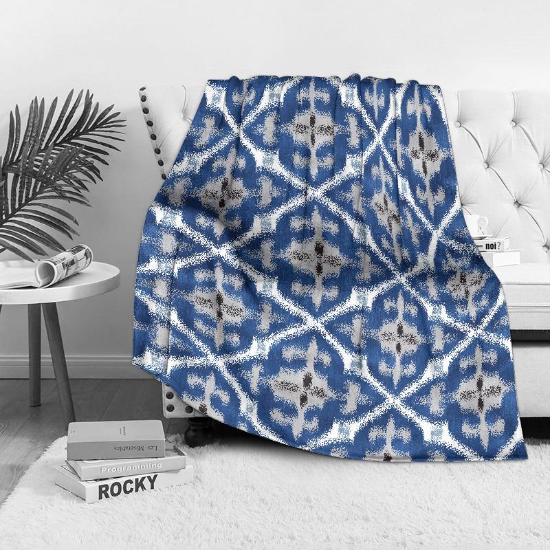 Navy Blue Geometric Tile Pattern Fleece Blanket Sofa Throw Decorative Throw Blanket Bed Cover Gift