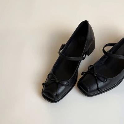 Chaussures à talon épais à bout carré style rétro français avec mot et nœud, polyvalentes pour le travail, escarpins, nouvelles
