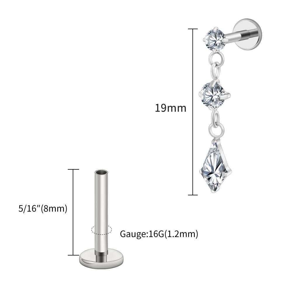 Right Grand ASTM F136 Titanium Dangling CZ Drop Piercing 16G Dangle Chain Kite Shape Cartilage Helix Stud Flat Back Earring