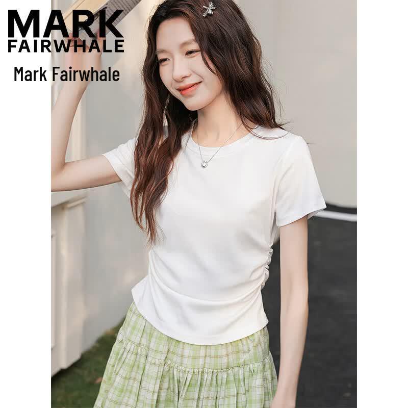 MARK FAIRWHALE Women s Pleated Round Neck Short Sleeve T-Shirt S