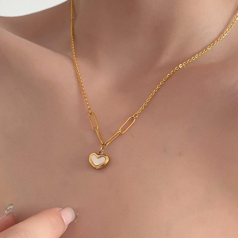 Korean Style Mother-of-Pearl Heart Necklace, Retro 18K Titanium Steel Clavicle Chain Jewelry золотой