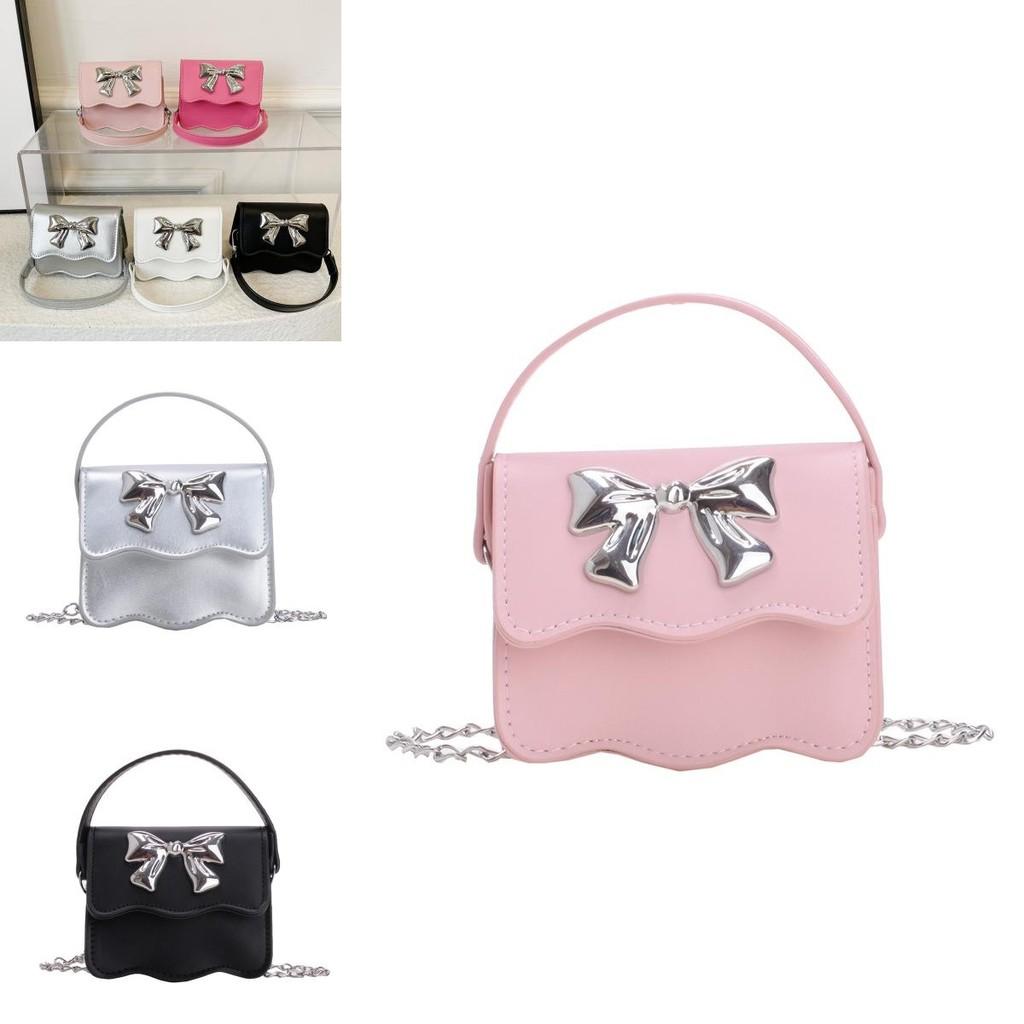 Cute Solid Color Silver Bow Decoration Kid Mini Shoulder Chain Bag For Summer Casual Wear