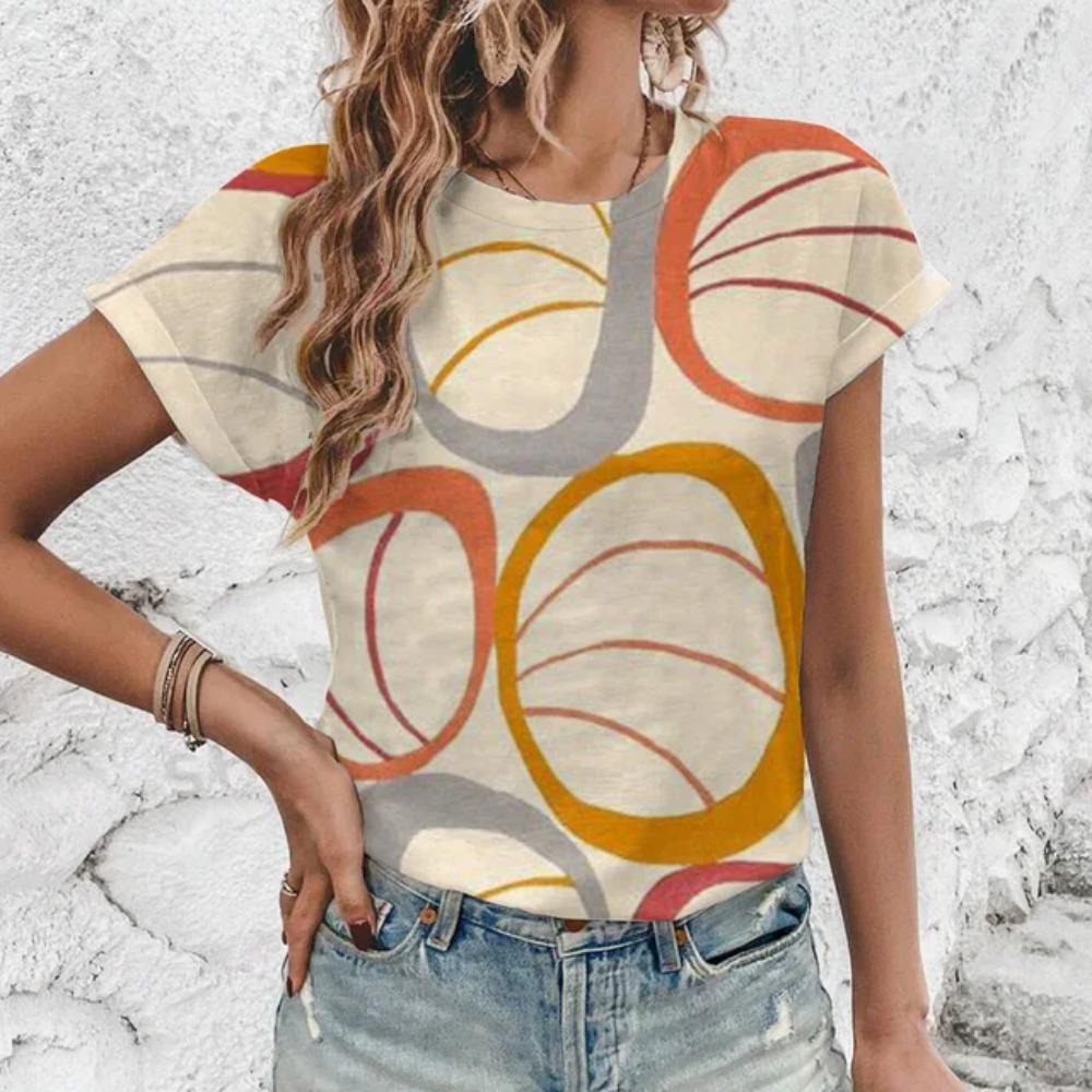 

З коротким рукавом і круглим вирізом. Повсякденний елегантний топ. Літній і весняний жіночий одяг. Футболка. Модна футболка з принтом із геометричними лініями. 5XL