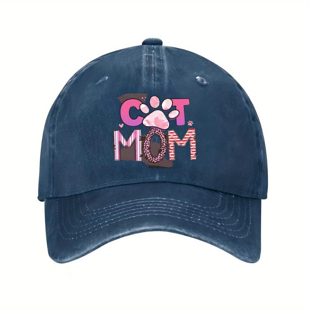 Cat Mom Baseball Cap Pink Paw Print Adjustable Polyester Casual Sun Protection Hat for Pet Lovers