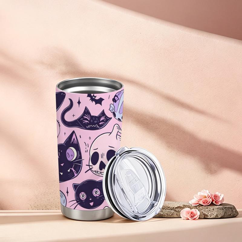 Car Tumbler 591ml Black Cat Ghost Skull Element Straw Cup Insulated Travel Cup Metal Drink Mug Stainless Steel Tumbler Coffee Tumbler