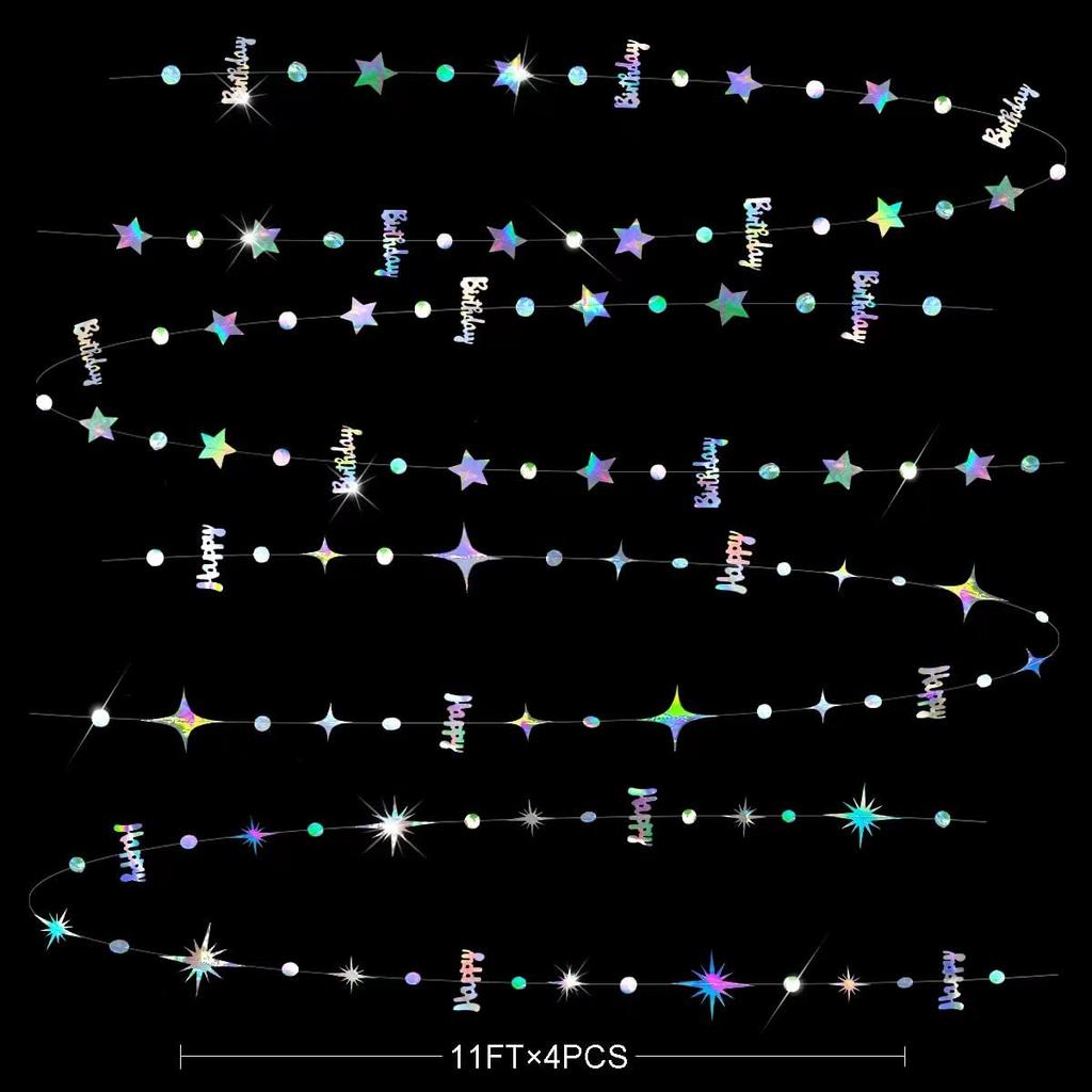 Iridescent Happy Birthday Decorations Circle Dot Twinkle Star Garland Kit Metallic Holographic Hanging Streamer Bunting Banner Backdrop for Women,
