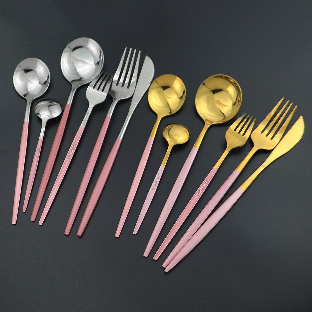 6Pcs Dinnerware Set White Gold Cutlery Set For One 304 Stainless Steel Knife Forks Spoons Dinner Set Kitchen Silverware Tableware Set