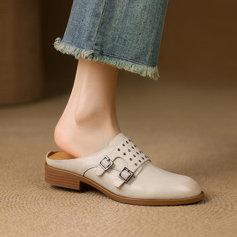 Fashion 2025 New Ladies Retro Slippers Round Toe Shoes Women High Heel Shoes Women Heel Mule Shoes Fashion Buckle Leather Slippers Women