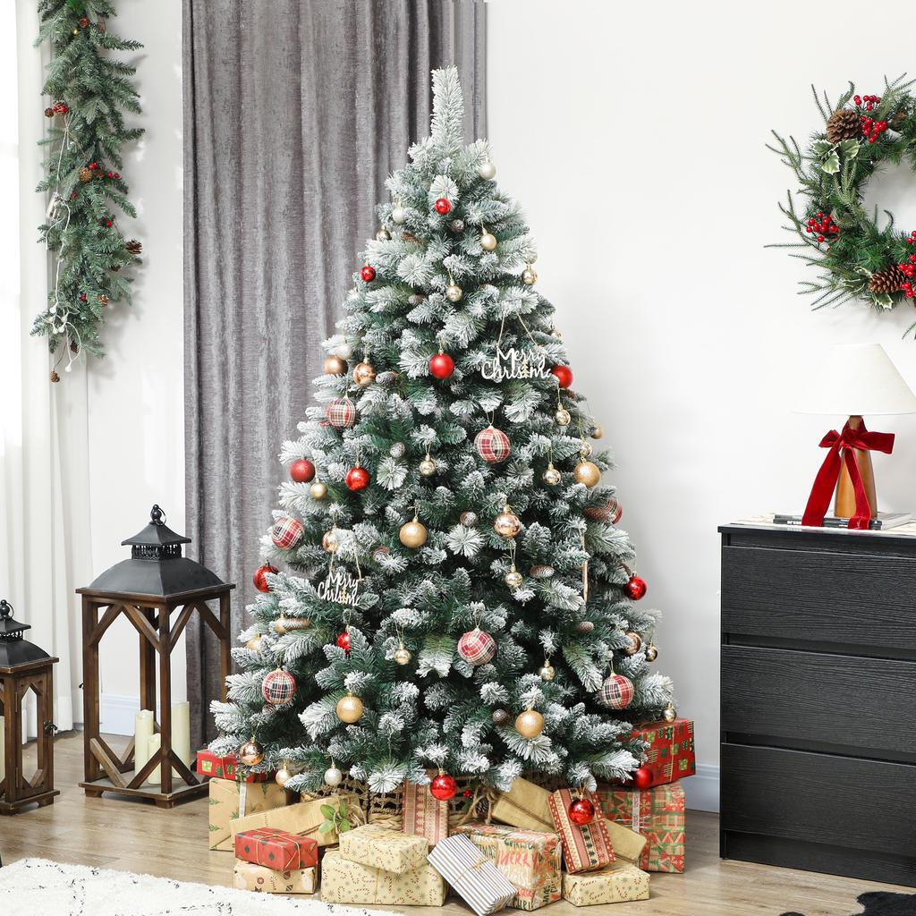 Artificial Christmas Tree 180 Cm, Artificial Fir Tree with Snow, 1000 Tips, 34 Pine Cones, Wide Base