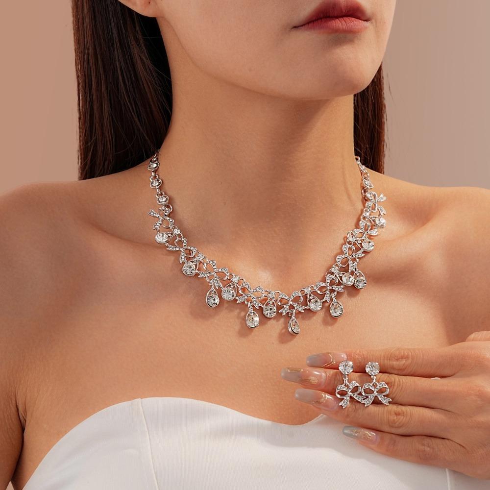 2 pieces Bow Rhinestone Jewelry Set Inlaid Crystal Necklace Set Necklace Earrings Set  Party